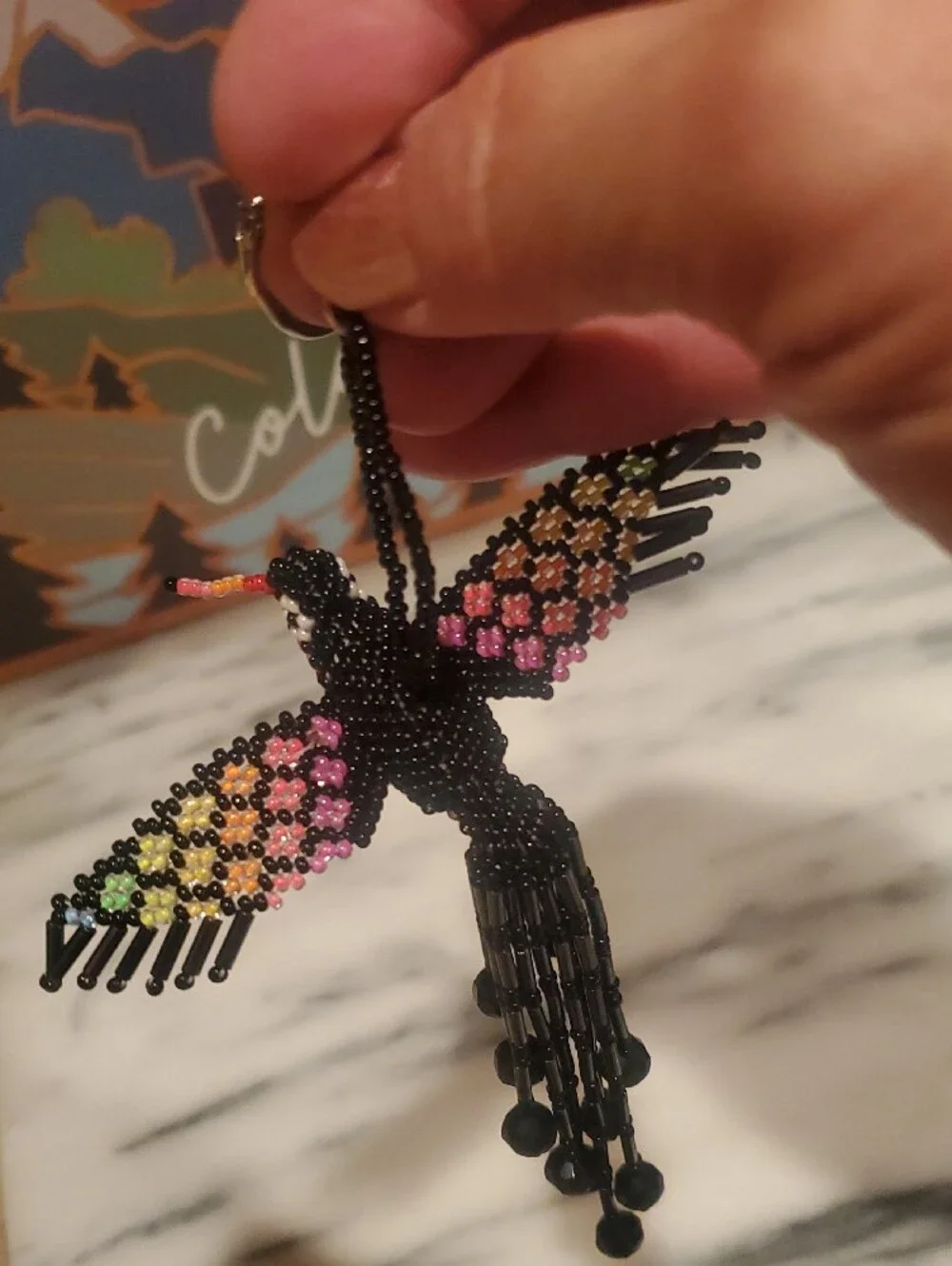 Handcrafted Rainbow Beaded Bird Keychain- Black Accents